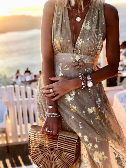 V-Neck Print Hot Stamping Dress