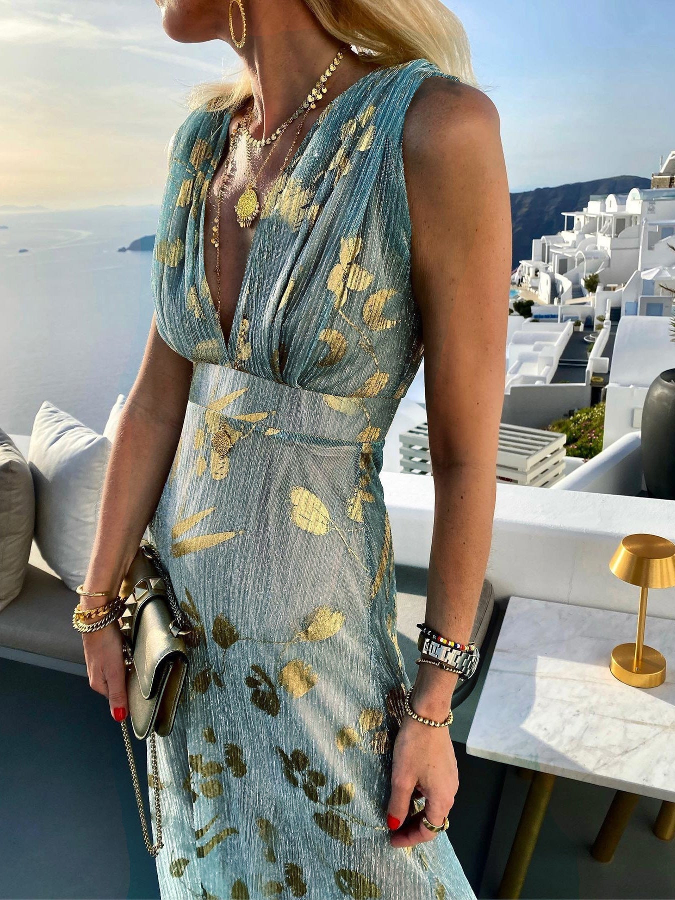 V-Neck Print Hot Stamping Dress