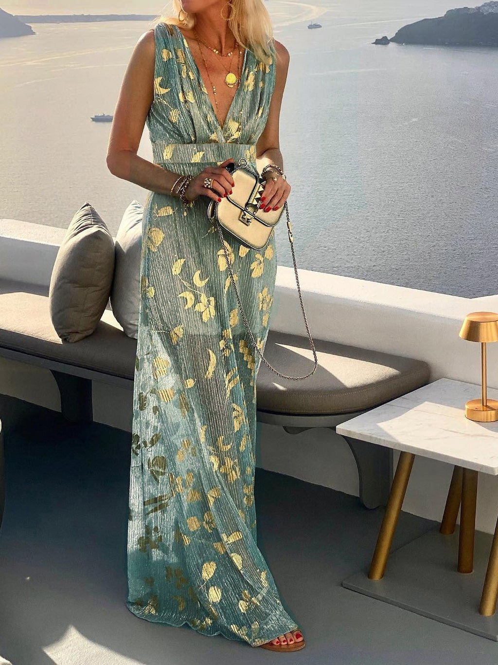 V-Neck Print Hot Stamping Dress