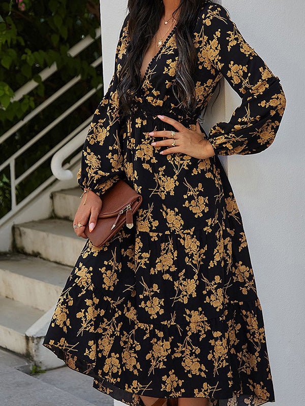 Vintage Print Long Sleeve Dress
