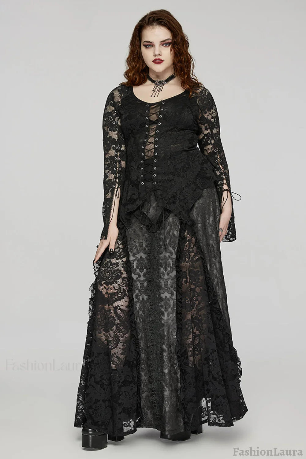 Women’s Gothic Charm Dark Pattern Inverted Triangle Lace Splicing Design Mysterious Party Long Skirt BLACK / One Size