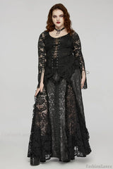 Women’s Gothic Charm Dark Pattern Inverted Triangle Lace Splicing Design Mysterious Party Long Skirt BLACK / One Size