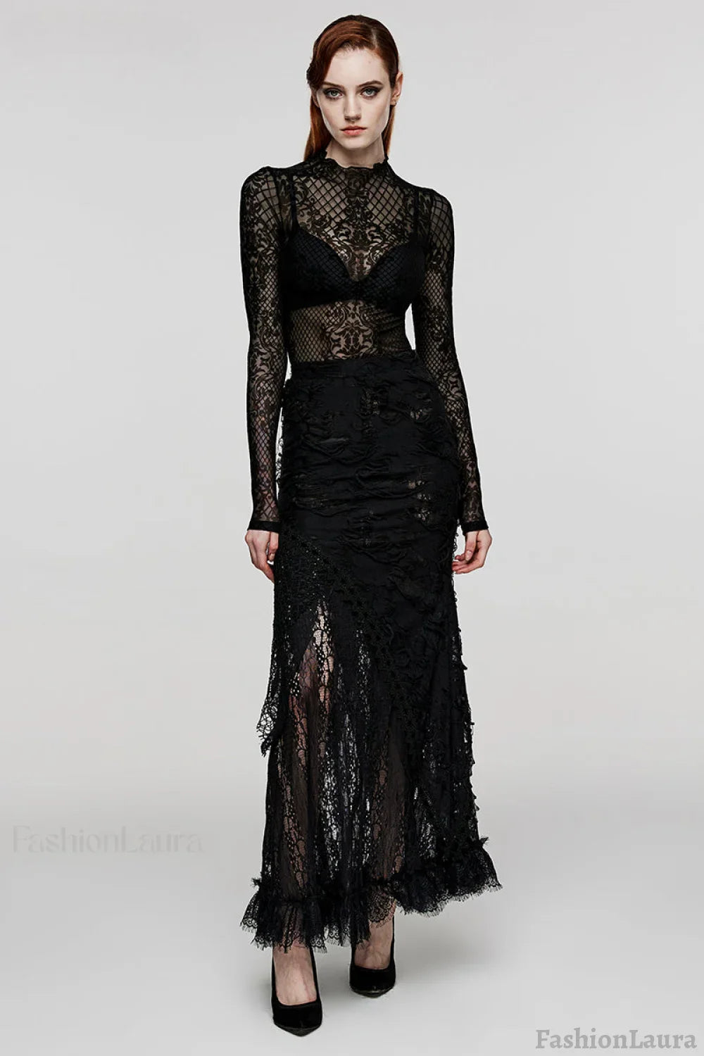 Women’s Gothic Ripped Knit Lace Long Dark Feel Club Hallowmas Black Skirt BLACK / XS-S