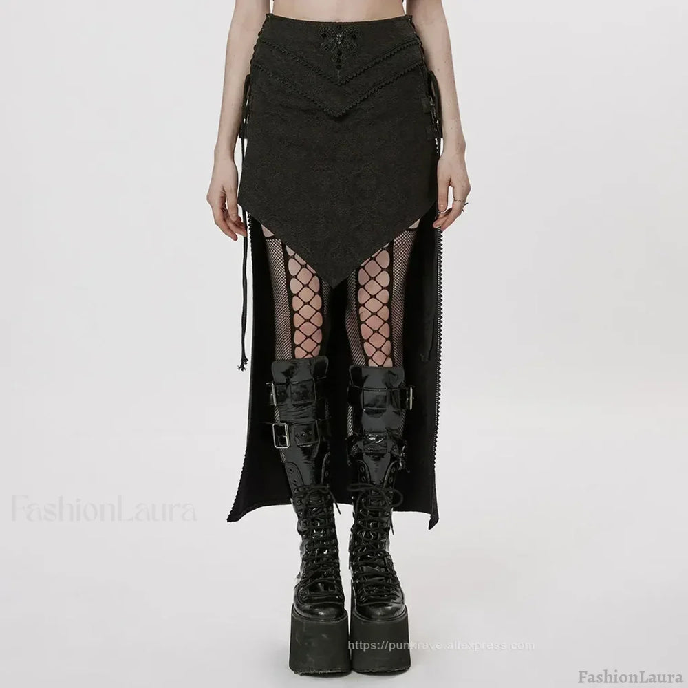 Women’s Gothic Style A-shaped Design Jacquard Dark Asymmetrical Personality Sexy Long Skirt BLACK / S
