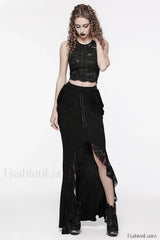 Women’s Knitted Fabric and Lace Half Hip Side Pleats Designed Slim Sexy Long Skirt BLACK / S