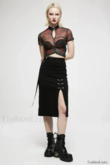 Women’s Long Front Slit Minimalist Daily Mid length Side Personality Casual Dark Chain embellished Skirt BLACK / S