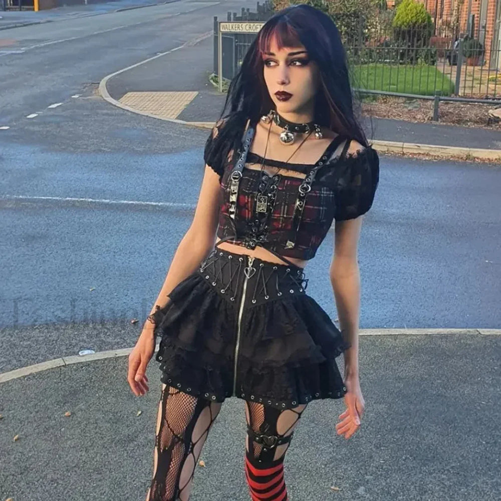 Women’s Skater Black Zipper Style Waist High Harajuku Japanese Kawaii Gothic Vintage Front Mini Skirt