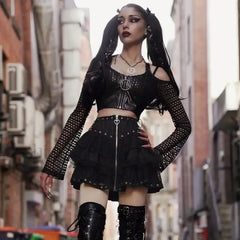 Women’s Skater Black Zipper Style Waist High Harajuku Japanese Kawaii Gothic Vintage Front Mini Skirt