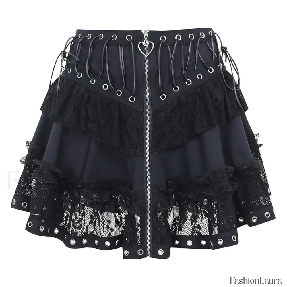 Women’s Skater Black Zipper Style Waist High Harajuku Japanese Kawaii Gothic Vintage Front Mini Skirt BLACK / S