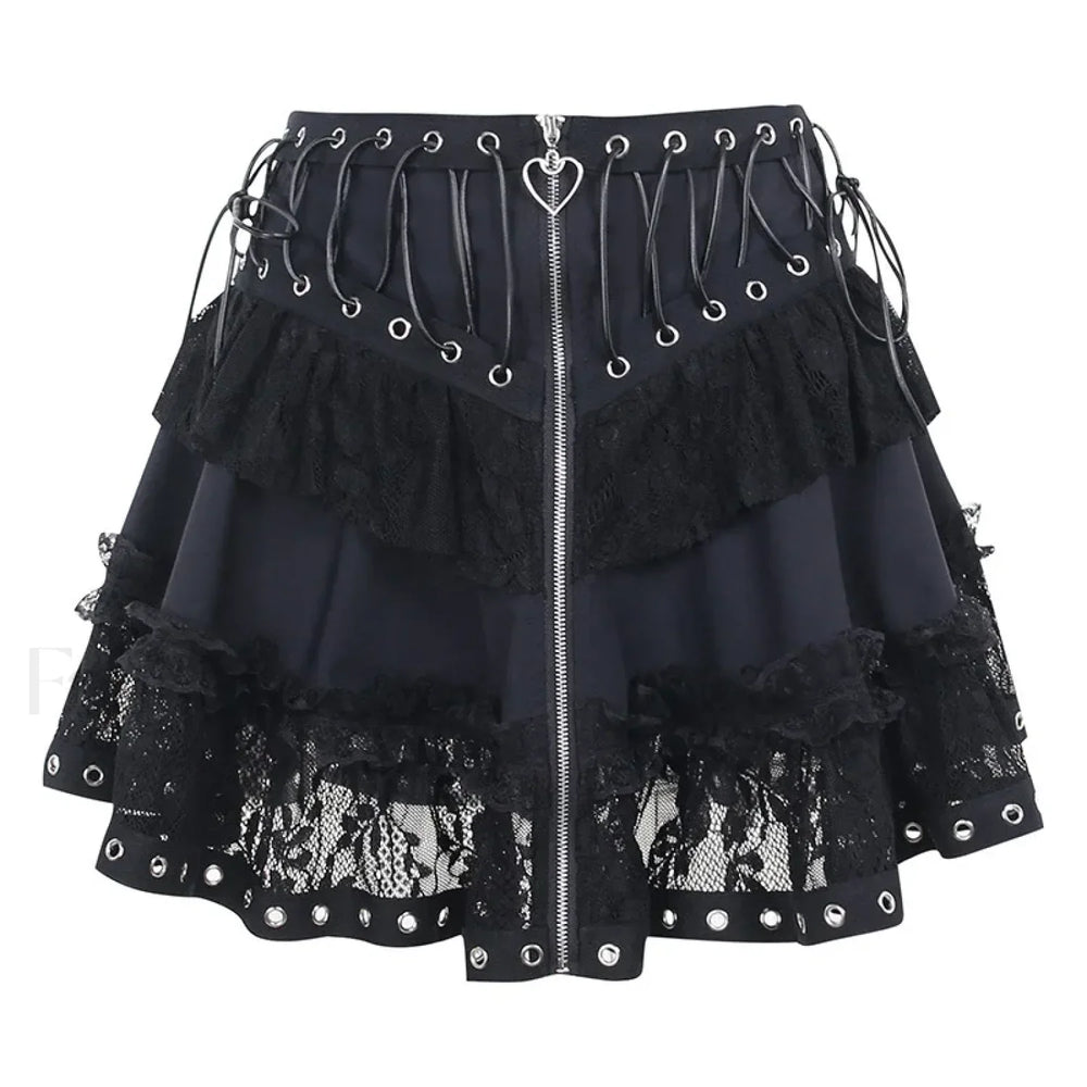 Women’s Skater Black Zipper Style Waist High Harajuku Japanese Kawaii Gothic Vintage Front Mini Skirt BLACK / S
