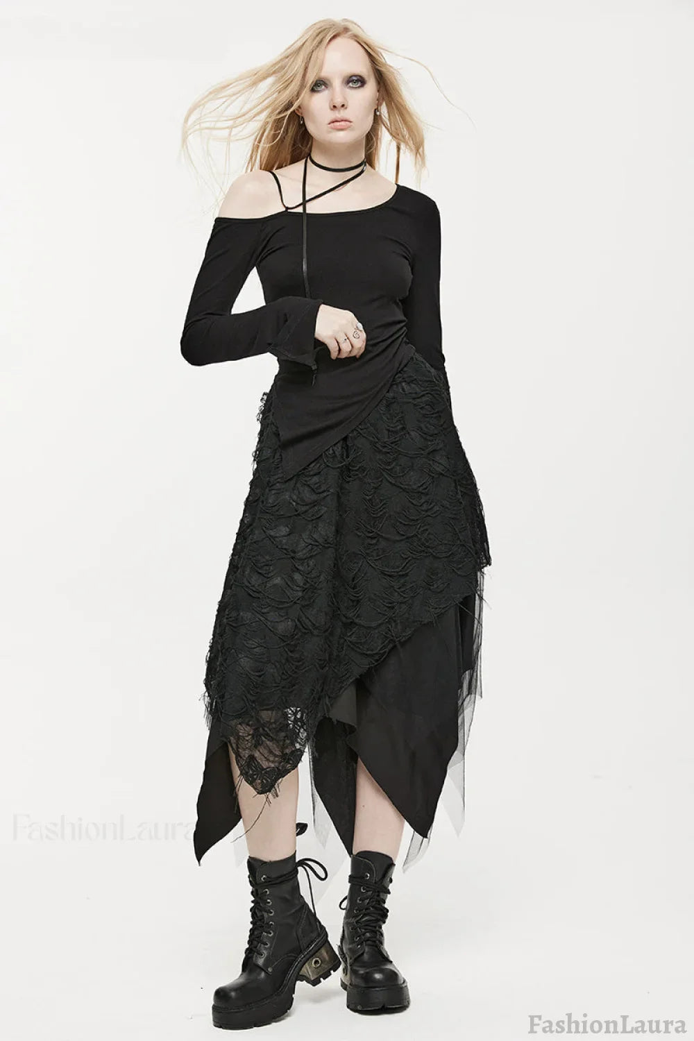Women’s Style Dry Butterfly Asymmetrical Half Fashion Mesh Burnt and Tattered Black Skirt BLACK / XS-S