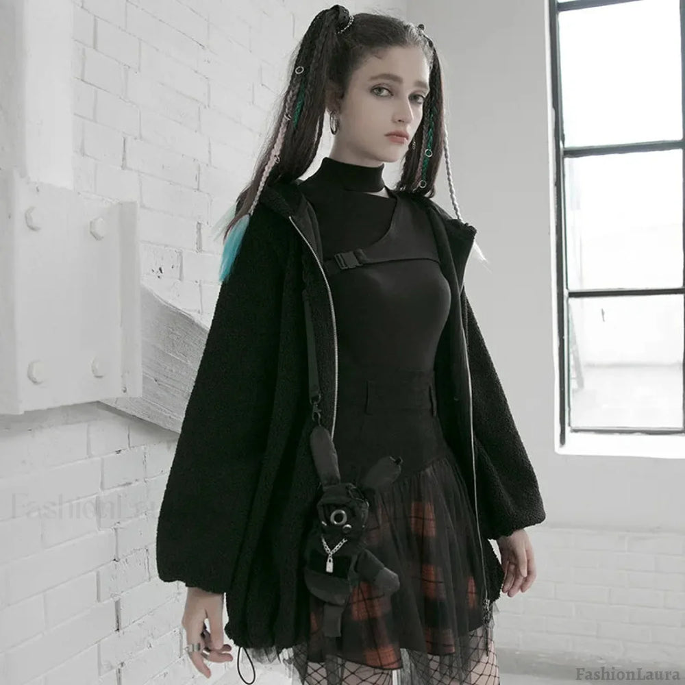 Women’s Style Mesh Stitched Plaid Warm High-waisted Fluffy Daily Thick Personality Mini Skirt