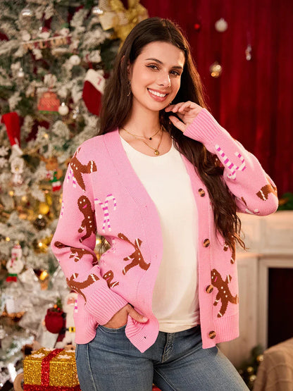 Cute Candy Cane Pattern Long Sleeve V-Neck Button Down Christmas Sweater Sweaters-L