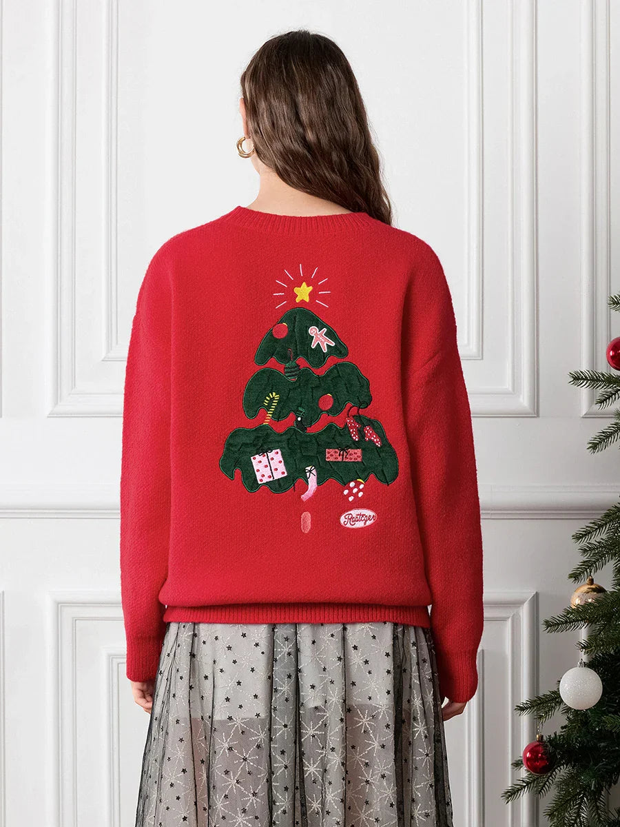 Drop Shoulder Long Sleeve Round Neck Christmas Tree Warm Sweater Sweaters-L