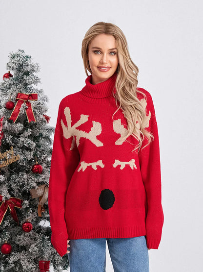 Elk Print Red Casual Long Sleeve Turtleneck Warm Christmas Sweater Sweaters-L