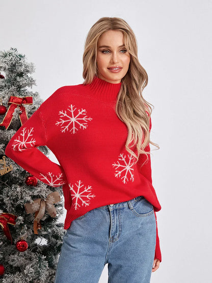 Jacquard Snowflake Long Sleeve Turtleneck Loose Knit Christmas Sweater Sweaters-L