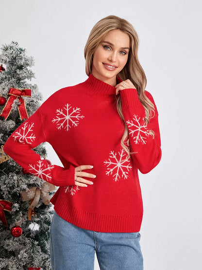 Jacquard Snowflake Long Sleeve Turtleneck Loose Knit Christmas Sweater Sweaters-L