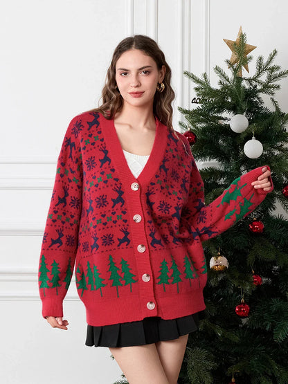 Classic Vintage Long Sleeve Button-Up Warm Cardigans Christmas Sweater Sweaters-L