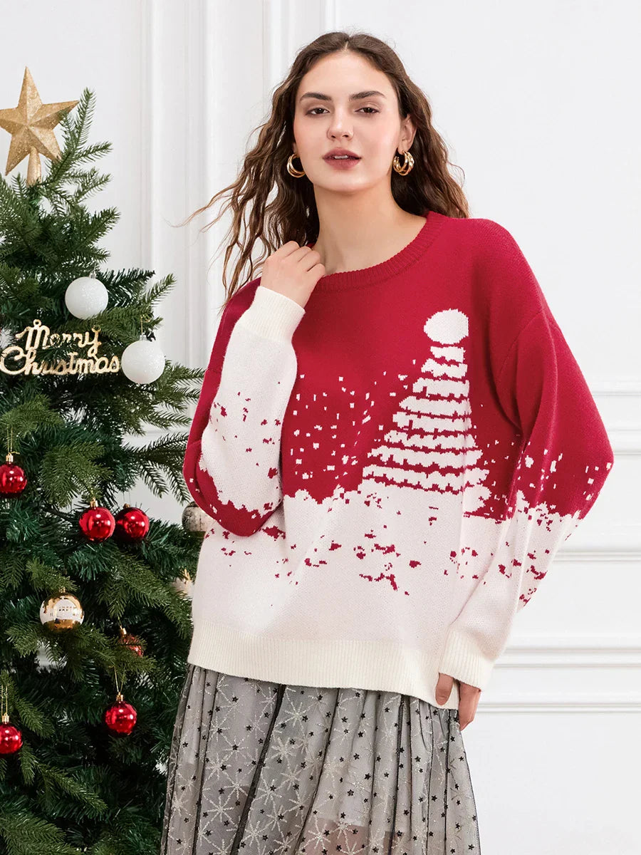 Classic Snowflake Christmas Tree Print Crew Neck Warm Pullover Sweater Red / S Sweaters-L