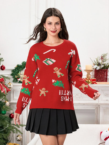 Drop Shoulder Gingerbread Man Pattern Long Sleeve Knit Christmas Sweater Red / S Sweaters-L