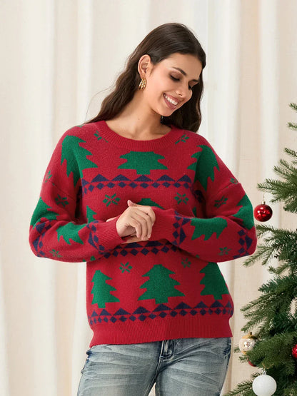 Classic Red Christmas Tree Print Loose Long Sleeve Pullover Sweater Sweaters-L