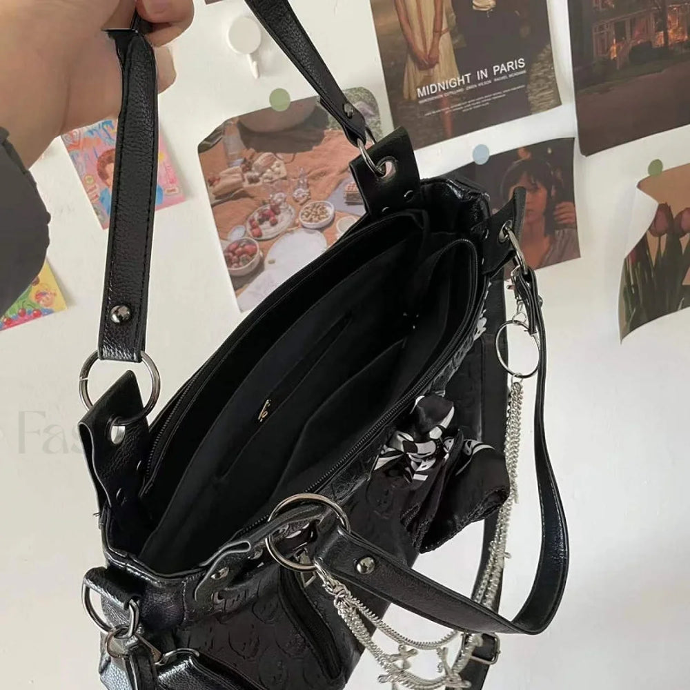 Y2K Cross Large Leather Skulls Capacity Chain Printing Gothic Punk Bag Black