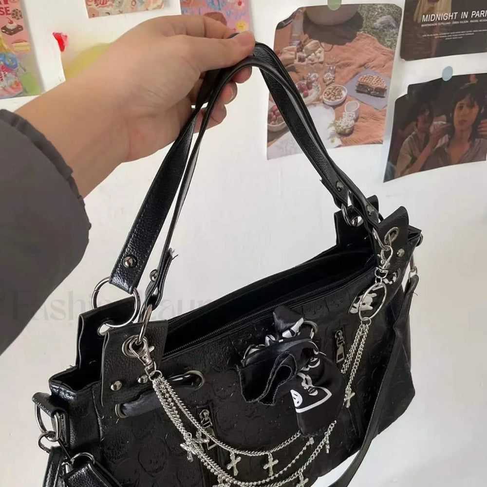 Y2K Cross Large Leather Skulls Capacity Chain Printing Gothic Punk Bag Black