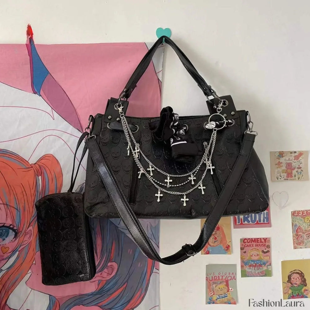 Y2K Cross Large Leather Skulls Capacity Chain Printing Gothic Punk Bag Black
