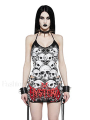Y2K Drawstring Print Size Out Sleeveless Sling Plus Cami Punk Strap Hollow Party Skull Dress Black / XS