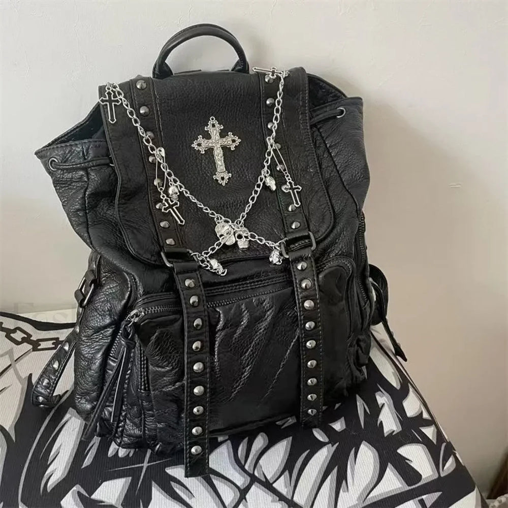 Y2K Girls Soft Leather Skull Cross Chain Korean Style Gothic Backpack Bag Black