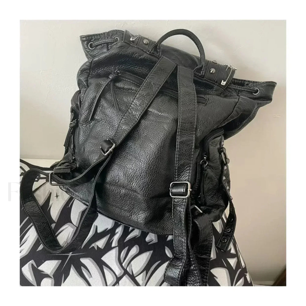 Y2K Girls Soft Leather Skull Cross Chain Korean Style Gothic Backpack Bag Black