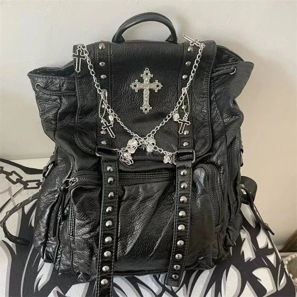 Y2K Girls Soft Leather Skull Cross Chain Korean Style Gothic Backpack Bag Black