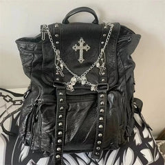 Y2K Girls Soft Leather Skull Cross Chain Korean Style Gothic Backpack Bag Black