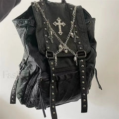 Y2K Girls Soft Leather Skull Cross Chain Korean Style Gothic Backpack Bag Black