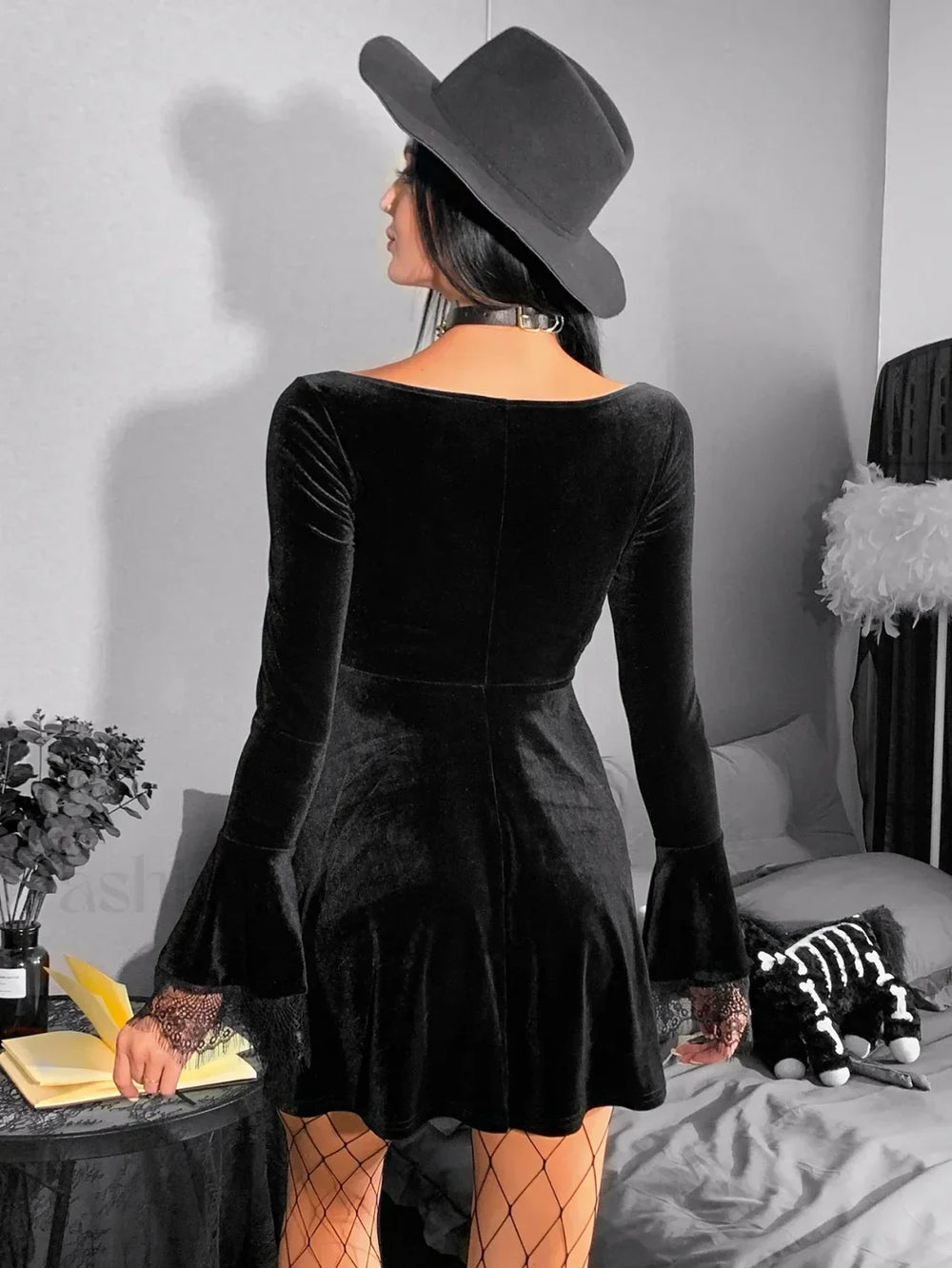 Y2K Harajuku High Waist A Line Punk Grunge Vintage Flare Sleeve Velvet Lolita Dress
