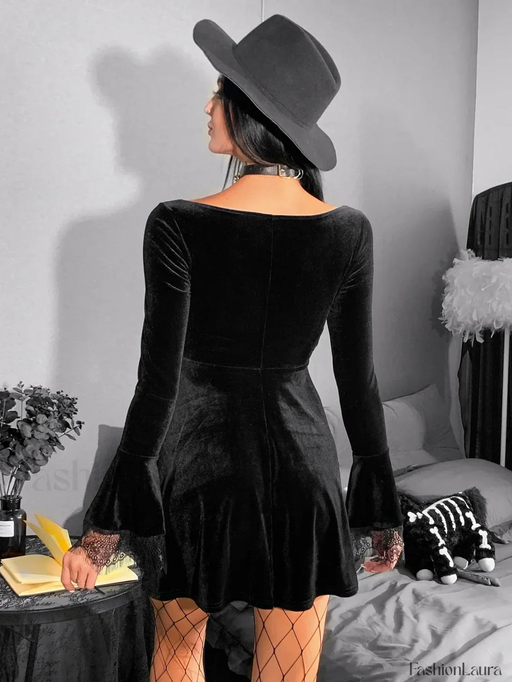 Y2K Harajuku High Waist A Line Punk Grunge Vintage Flare Sleeve Velvet Lolita Dress