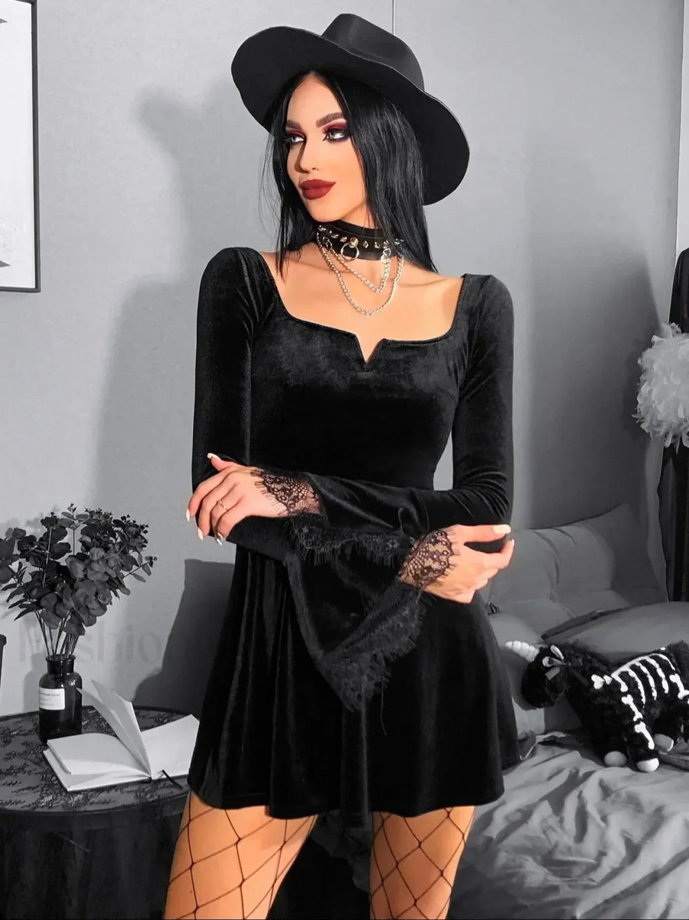 Y2K Harajuku High Waist A Line Punk Grunge Vintage Flare Sleeve Velvet Lolita Dress Black / S