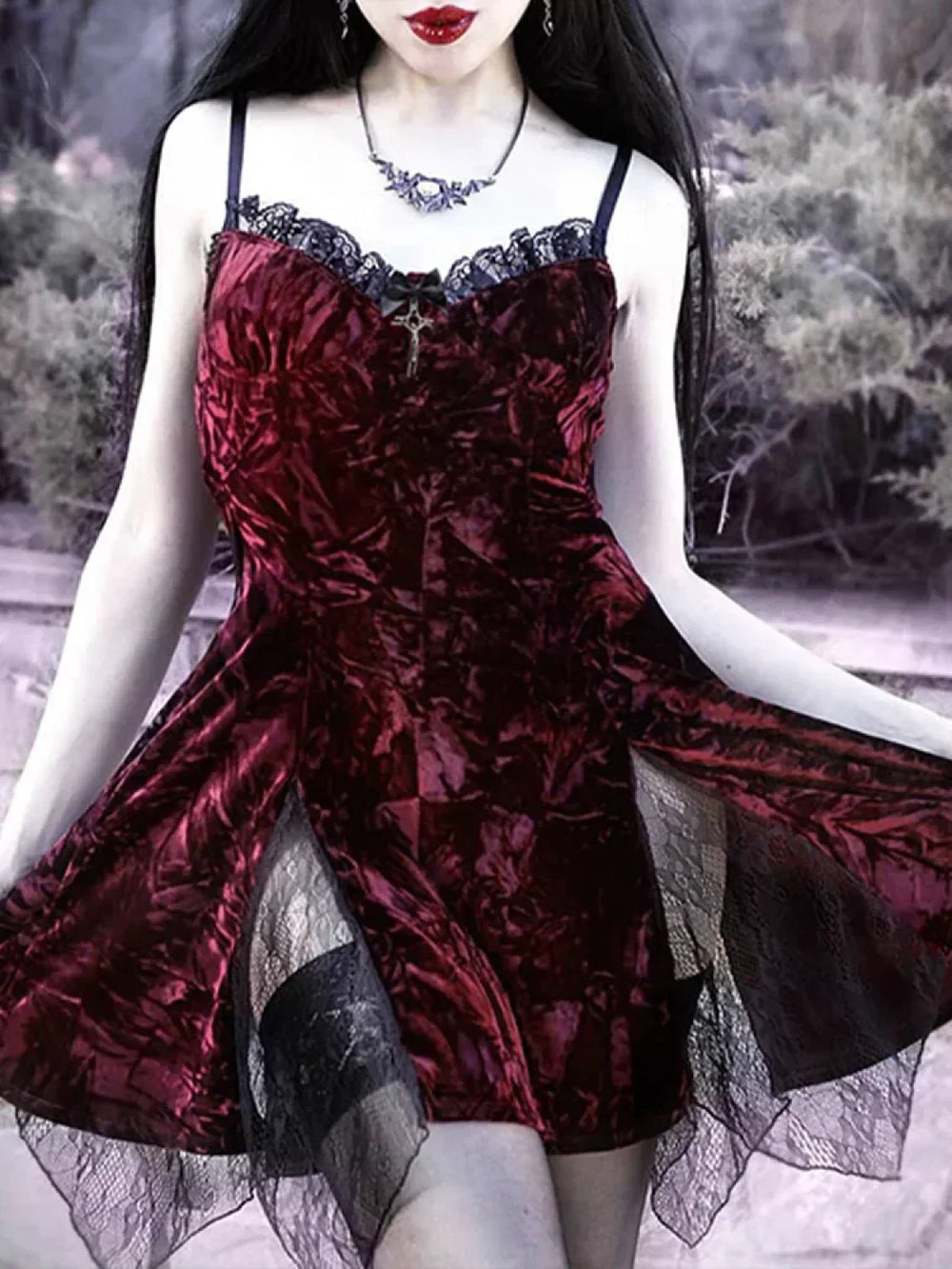 Y2K Lolita Grunge Waist Slit Partywear Dark High Emo Clubwear Velvet Mini Mesh Vintage Aesthetic Gothic Sexy Dress