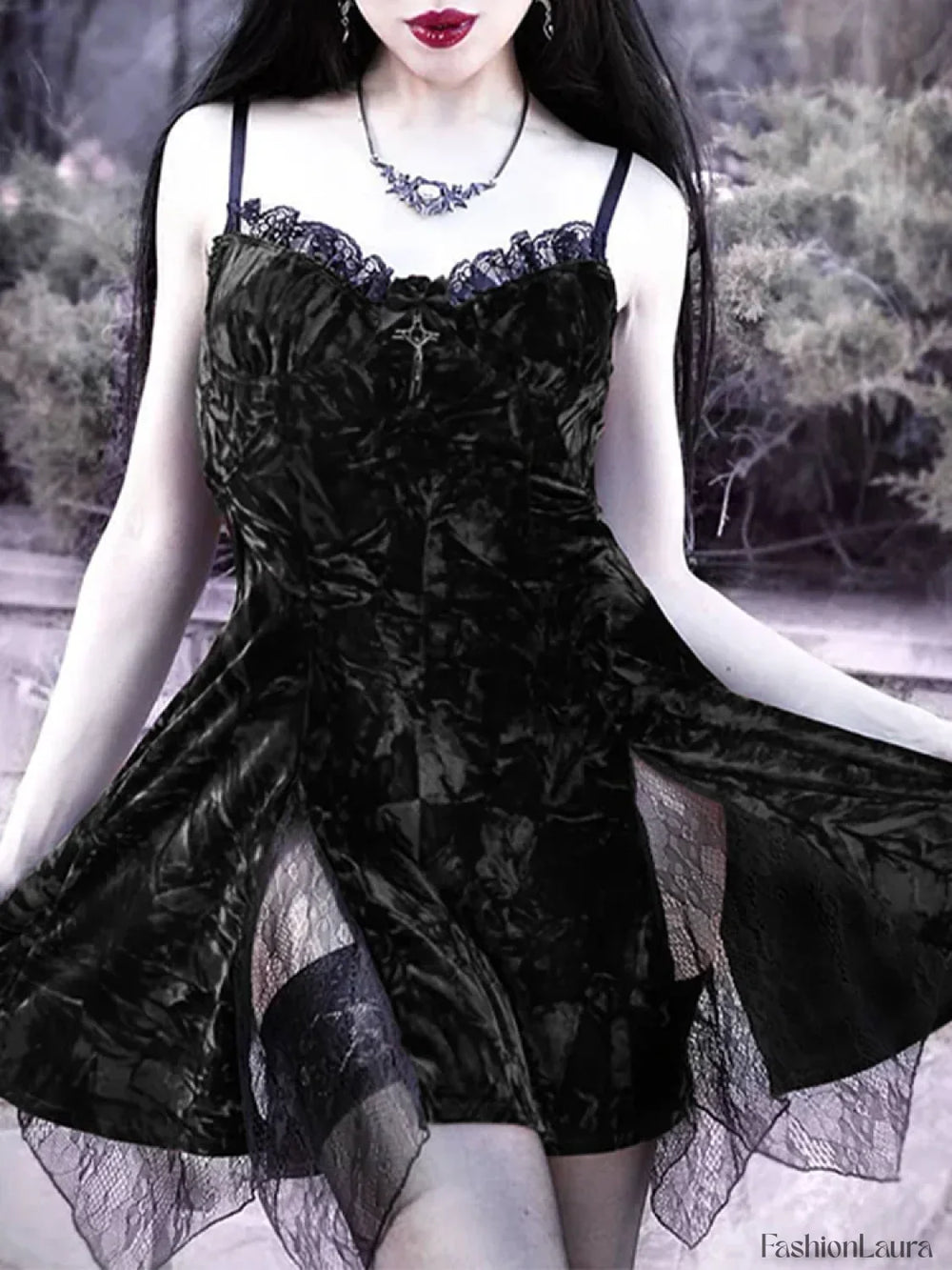 Y2K Lolita Grunge Waist Slit Partywear Dark High Emo Clubwear Velvet Mini Mesh Vintage Aesthetic Gothic Sexy Dress