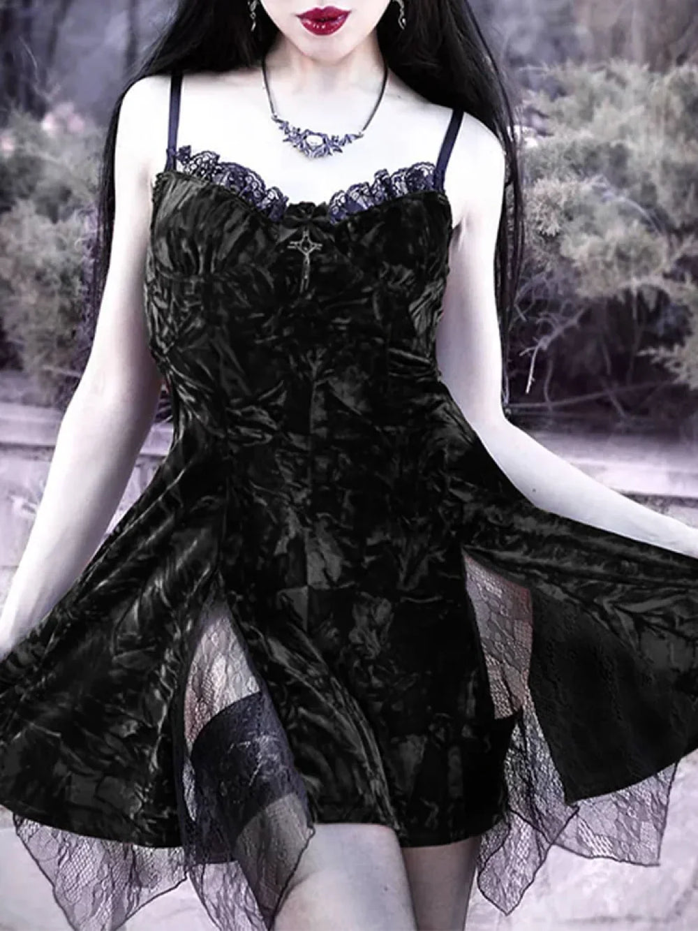 Y2K Lolita Grunge Waist Slit Partywear Dark High Emo Clubwear Velvet Mini Mesh Vintage Aesthetic Gothic Sexy Dress