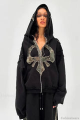 Y2K Street Style Drawstring Patch Hoodie Black / S