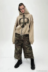 Y2K Street Style Drawstring Patch Hoodie Khaki / S