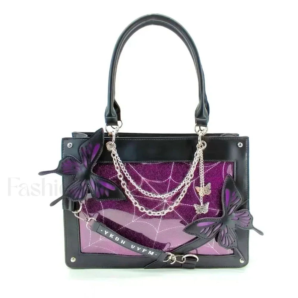 Y2K Transparent Spider Labyrinth Butterfly Letter Gothic Chain Web Bag Black Purple / 35x25x10.5cm