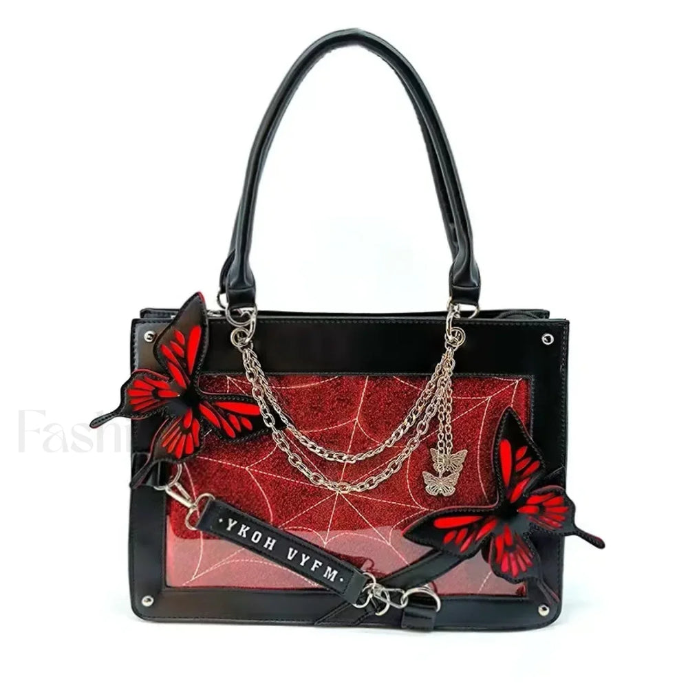 Y2K Transparent Spider Labyrinth Butterfly Letter Gothic Chain Web Bag Black Red / 35x25x10.5cm