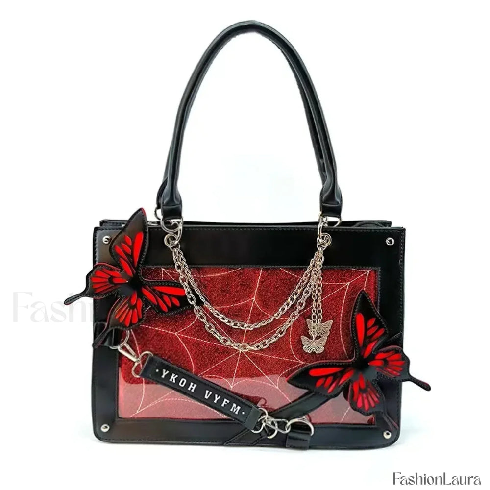 Y2K Transparent Spider Labyrinth Butterfly Letter Gothic Chain Web Bag Black Red / 35x25x10.5cm