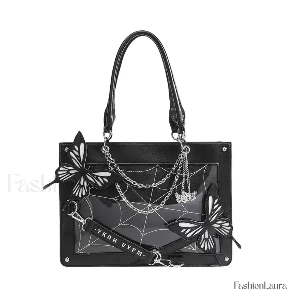 Y2K Transparent Spider Labyrinth Butterfly Letter Gothic Chain Web Bag Black White / 35x25x10.5cm
