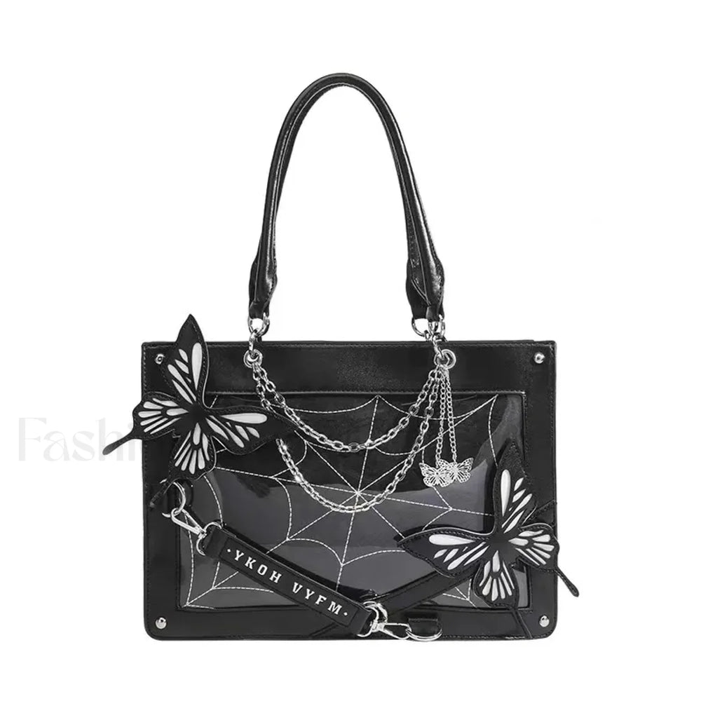 Y2K Transparent Spider Labyrinth Butterfly Letter Gothic Chain Web Bag Black White / 35x25x10.5cm