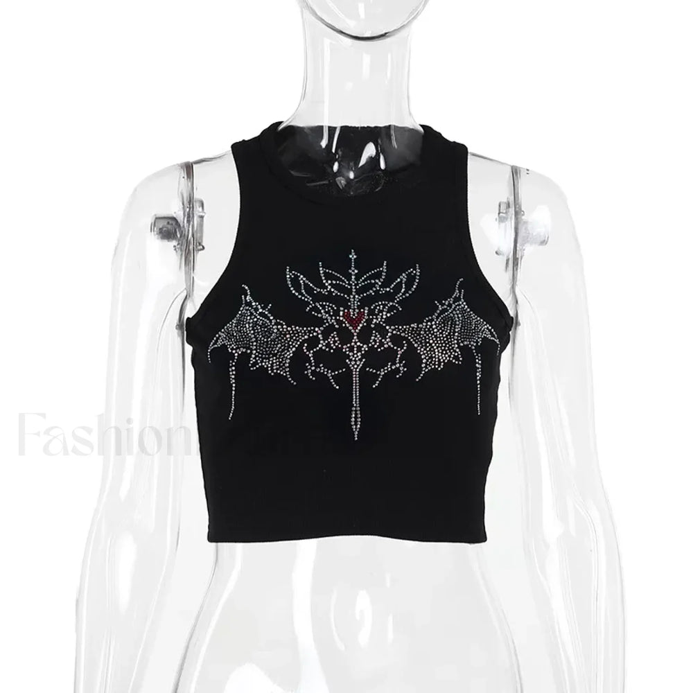 Y2K Vintage Fairy Rhinestone Graphic Crop Top Black / S