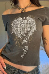 Y2K Wing Graphic Off-Shoulder T-Shirt Grey / S
