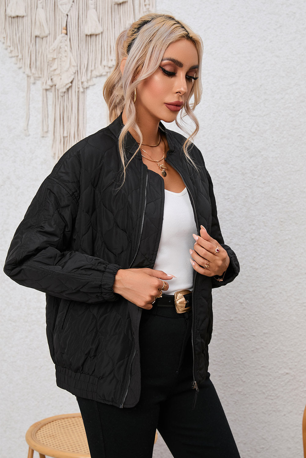 Black Solid Color Quilted Zip Up Puffer Jacket